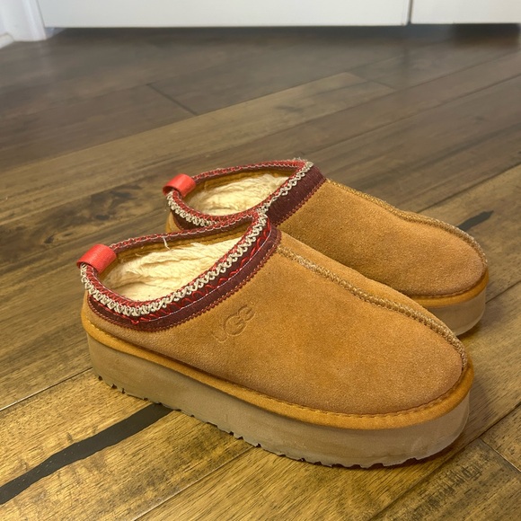 UGG Shoes - UGG Chestnut Suede Platform Mules with Red Accents
